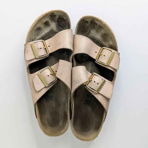 Birkenstock Sandals Arizona EU 40 Pink Gold Flat Slides Leather Open Toe Slip On - Picture 11 of 15